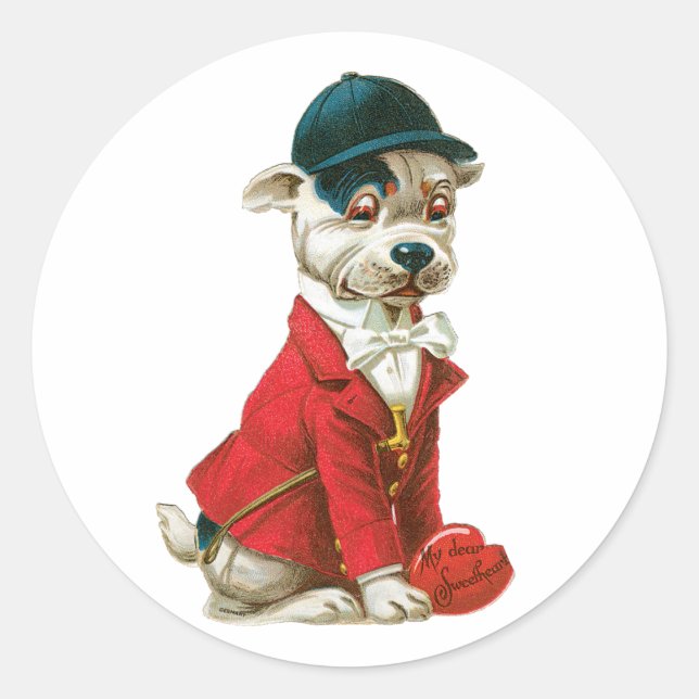 Antique Valentine Dog Heart Classic Round Sticker (Front)