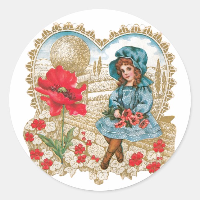 Antique Valentine Girl Flower Classic Round Sticker (Front)