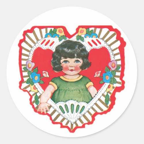 Antique Valentine Girl Heart Classic Round Sticker