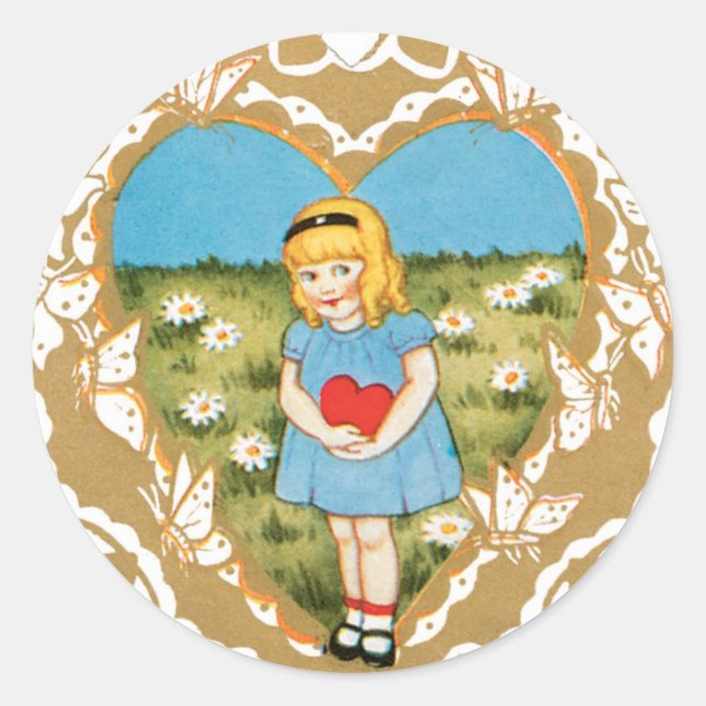 Antique Valentine Girl Heart Classic Round Sticker (Front)