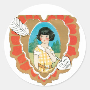 Antique Valentine Girl Heart Classic Round Sticker