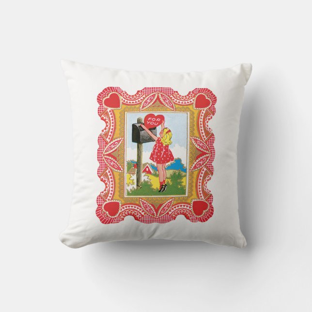 Antique Valentine Girl Throw Pillow (Front)