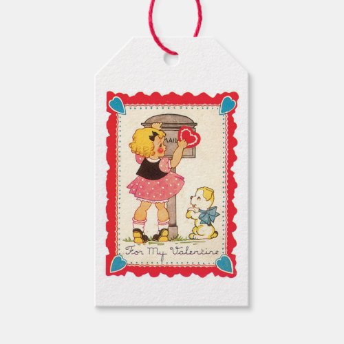 Antique Valentine Girl with Puppy Gift Tags