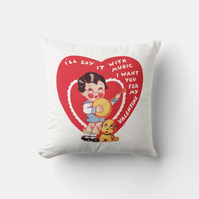 Antique Valentine Girl with Puppy Throw Pillow (Front)