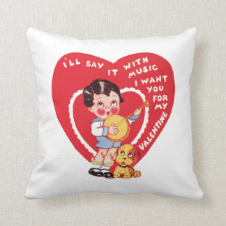 Antique Valentine Girl with Puppy Throw Pillow