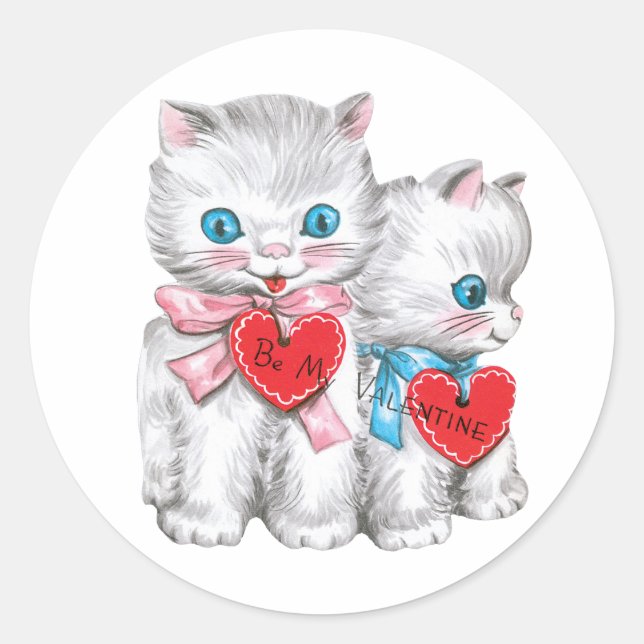 Antique Valentine Kittens Heart Classic Round Sticker (Front)