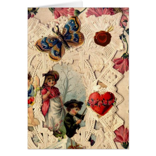 ANTIQUE VALENTINE LACECUPIDLOVERS AND BUTTERFLY