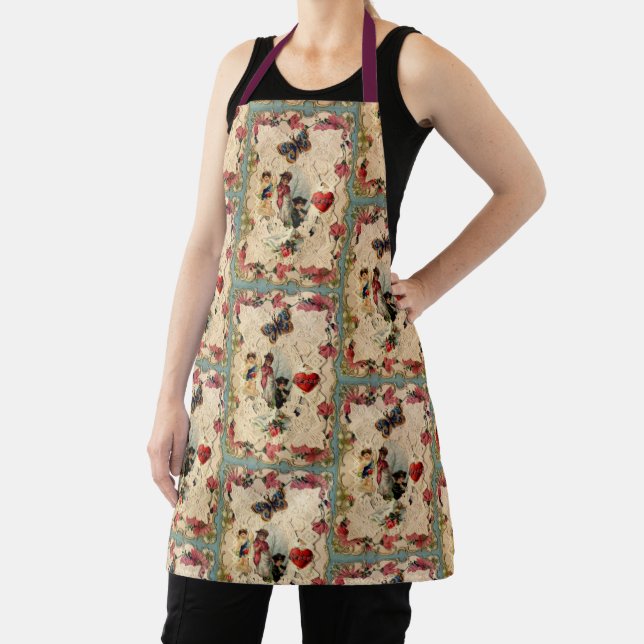 ANTIQUE VALENTINE LACE,CUPID,LOVERS AND BUTTERFLY APRON (Insitu)