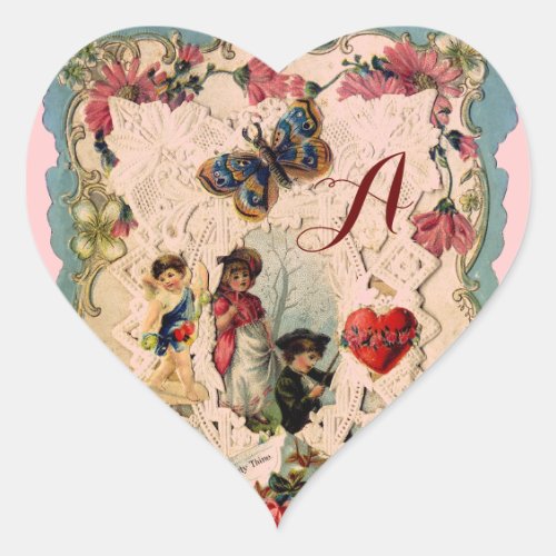 ANTIQUE VALENTINE LACECUPIDLOVERS AND BUTTERFLY HEART STICKER