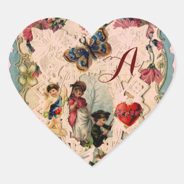 ANTIQUE VALENTINE LACE,CUPID,LOVERS AND BUTTERFLY HEART STICKER (Front)