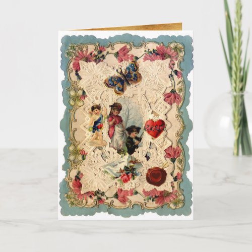 ANTIQUE VALENTINE LACECUPIDLOVERS AND BUTTERFLY HOLIDAY CARD