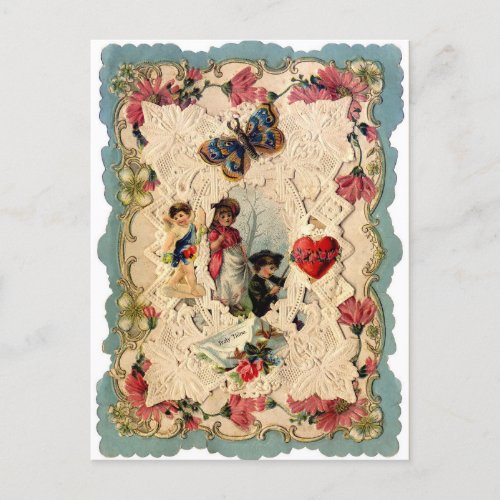 ANTIQUE VALENTINE LACECUPIDLOVERS AND BUTTERFLY HOLIDAY POSTCARD