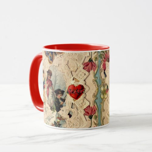 ANTIQUE VALENTINE LACECUPIDLOVERS AND BUTTERFLY MUG