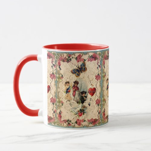 ANTIQUE VALENTINE LACECUPIDLOVERS AND BUTTERFLY MUG