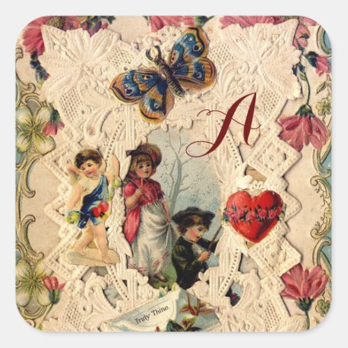 ANTIQUE VALENTINE LACECUPIDLOVERS AND BUTTERFLY SQUARE STICKER