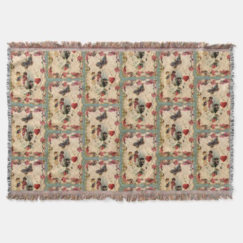ANTIQUE VALENTINE LACECUPIDLOVERS AND BUTTERFLY THROW BLANKET