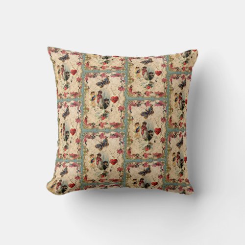 ANTIQUE VALENTINE LACECUPIDLOVERS AND BUTTERFLY THROW PILLOW