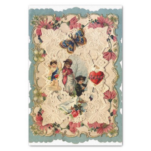 ANTIQUE VALENTINE LACECUPIDLOVERS AND BUTTERFLY TISSUE PAPER