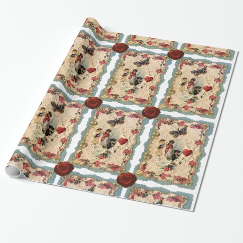 ANTIQUE VALENTINE LACECUPIDLOVERS AND BUTTERFLY WRAPPING PAPER