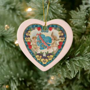Antique Valentine's Day, Vintage Angels in a Heart Ceramic Ornament