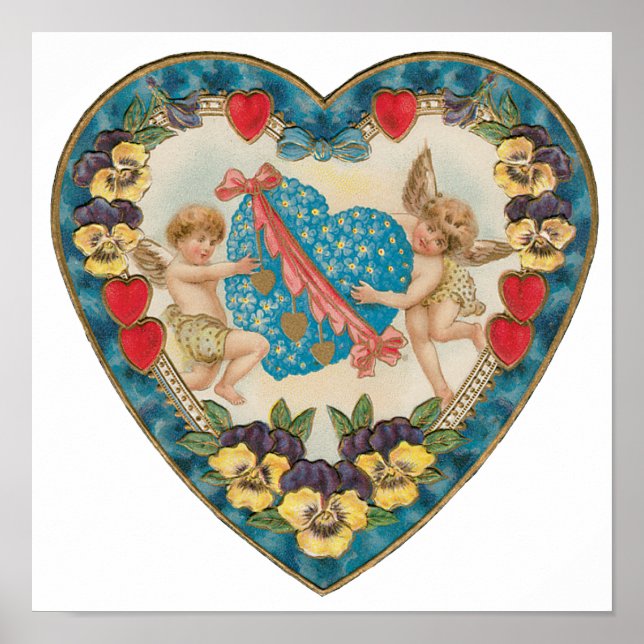 Antique Valentine's Day, Vintage Angels in a Heart Poster (Front)