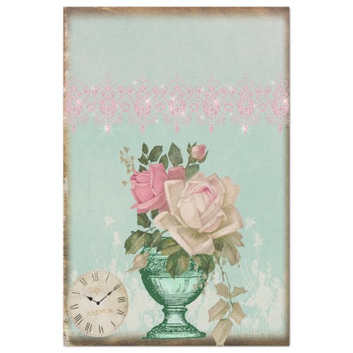 Antique Vase of Roses and Clock and Pink Lace Tissue Paper