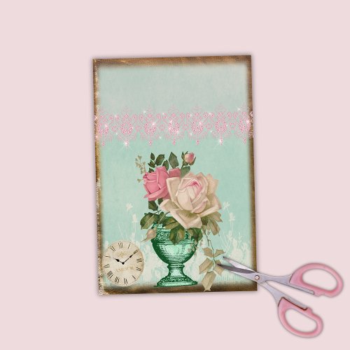 Antique Vase of Roses and Clock and Pink Lace Tissue Paper