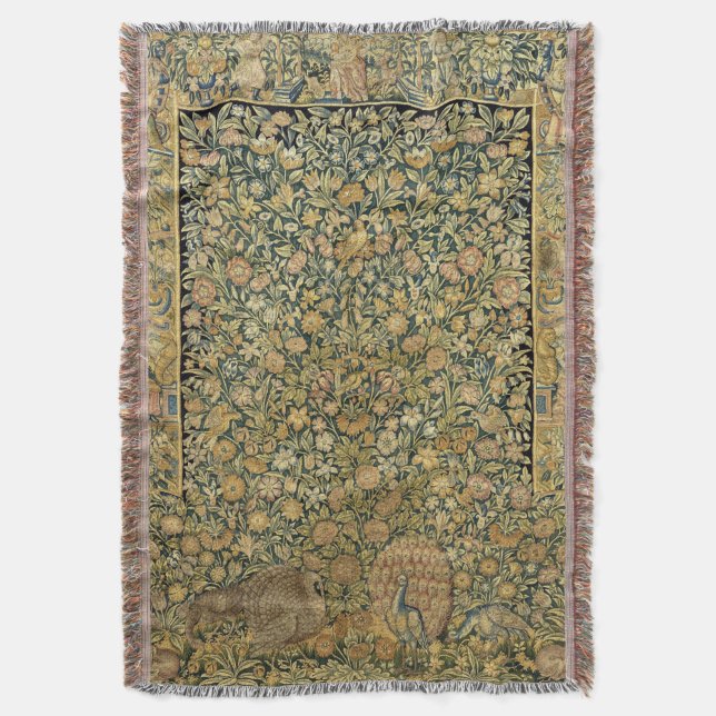 Antique Verdure Landscape Greenery Tapestry Print Throw Blanket (Front Vertical)
