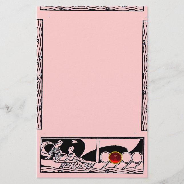 ANTIQUE VESSEL AND LOVERS Red Ruby Gem Black Pink Stationery (Front)