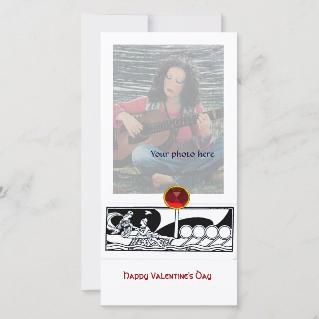 ANTIQUE VESSEL AND LOVERS Red Ruby Gem Black White Holiday Card (Front)