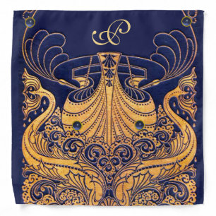 Antique Vessel,Dolphins,Gold,Navy Blue Monogram Bandana