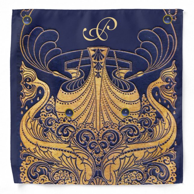 Antique Vessel,Dolphins,Gold,Navy Blue Monogram Bandana (Front)