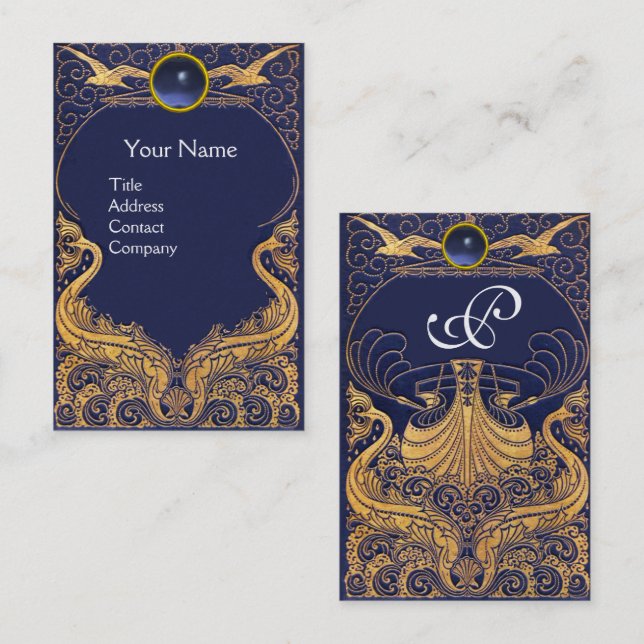 Antique Vessel,Dolphins,Gold,Navy Blue Monogram Business Card (Front/Back)