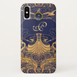 Antique Vessel,Dolphins,Gold,Navy Blue Monogram iPhone XS Case