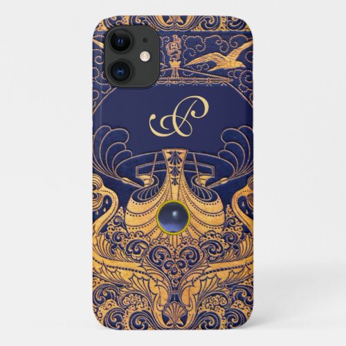 Antique VesselDolphinsGoldNavy Blue Monogram iPhone 11 Case