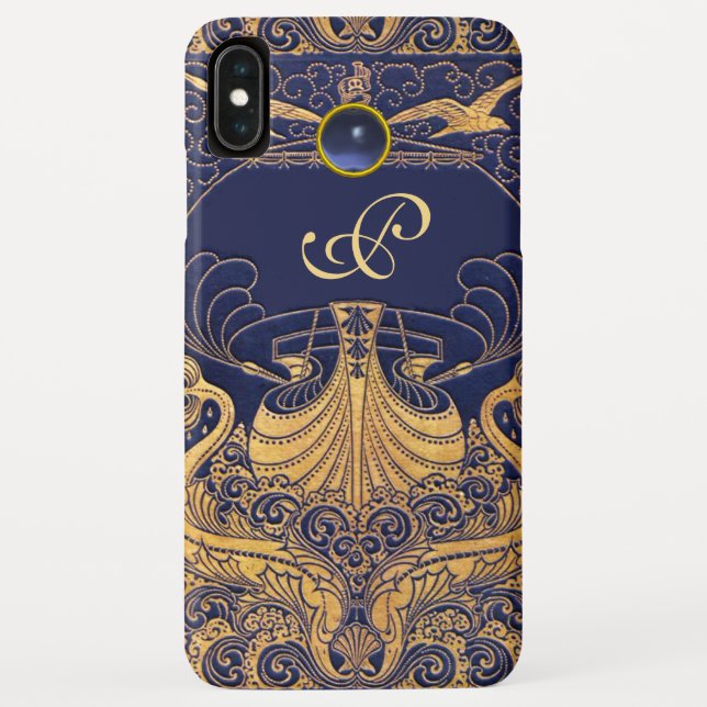 Antique Vessel,Dolphins,Gold,Navy Blue Monogram Case-Mate iPhone Case (Back)