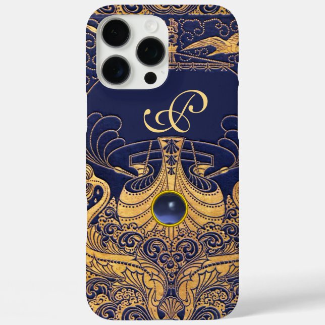 Antique Vessel,Dolphins,Gold,Navy Blue Monogram Case-Mate iPhone Case (Back)