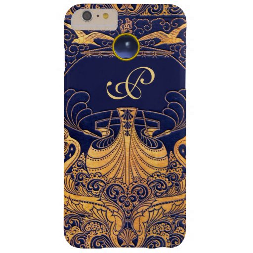 Antique Vessel,Dolphins,Gold,Navy Blue Monogram Barely There iPhone 6 Plus Case