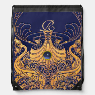 Antique Vessel,Dolphins,Gold,Navy Blue Monogram Drawstring Bag