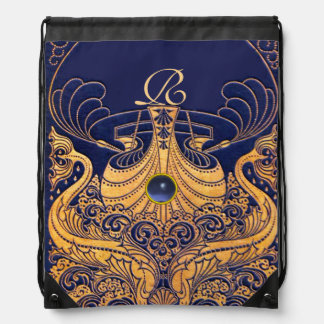 Antique Vessel,Dolphins,Gold,Navy Blue Monogram Drawstring Bag
