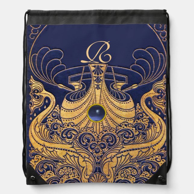 Antique Vessel,Dolphins,Gold,Navy Blue Monogram Drawstring Bag (Front)