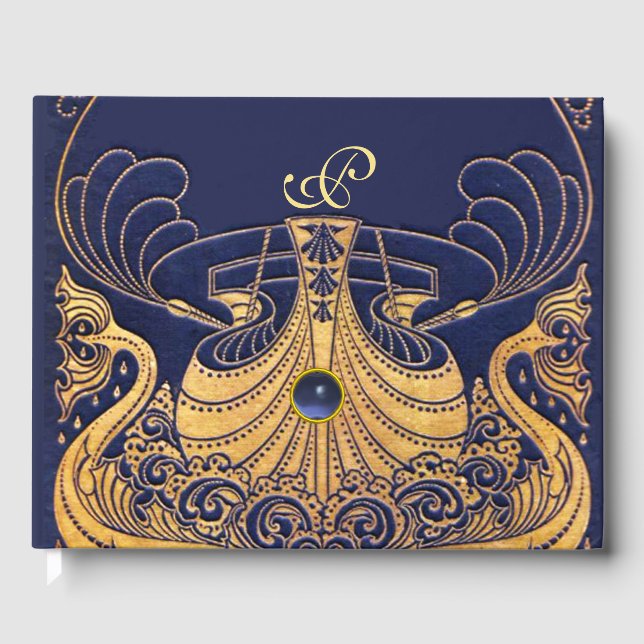 Antique Vessel,Dolphins,Gold,Navy Blue Monogram Guest Book (Front)