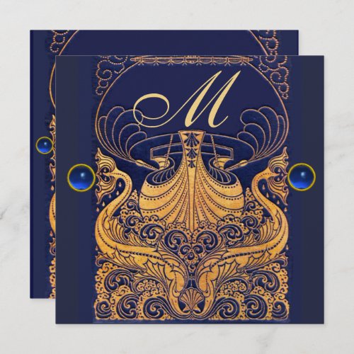 Antique VesselDolphinsGoldNavy Blue Monogram Invitation