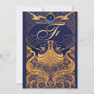 Antique Vessel,Dolphins,Gold,Navy Blue Monogram Invitation