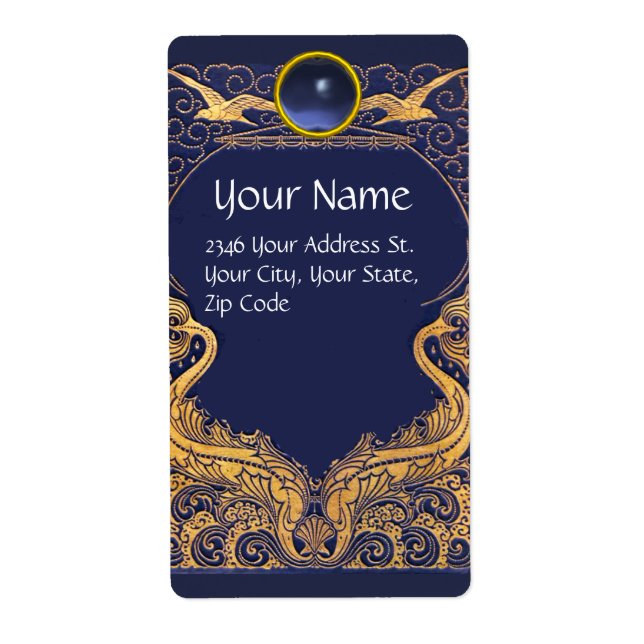 Antique Vessel,Dolphins,Gold,Navy Blue Monogram Label (Front)