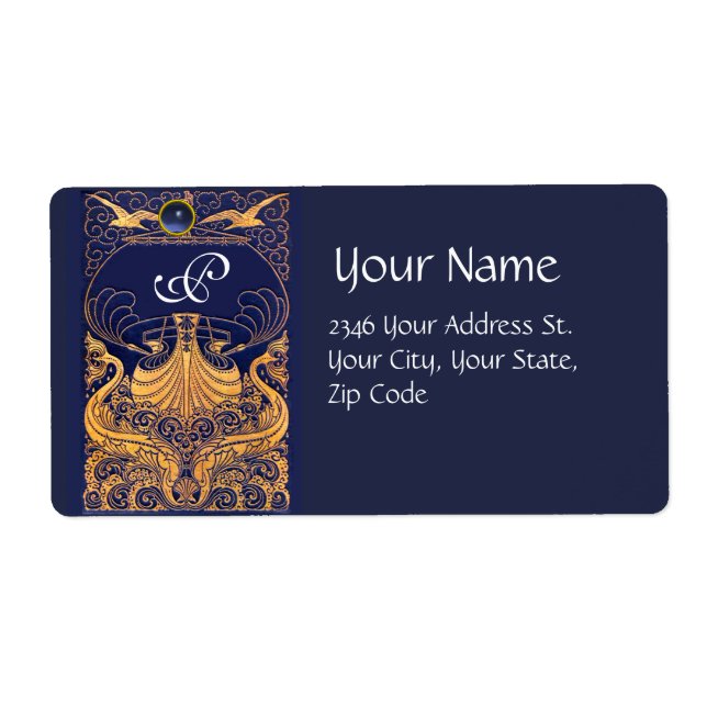 Antique Vessel,Dolphins,Gold,Navy Blue Monogram Label (Front)