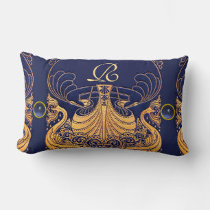 Antique Vessel,Dolphins,Gold,Navy Blue Monogram Lumbar Pillow