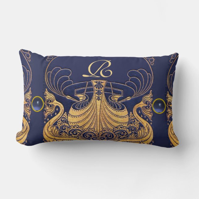 Antique Vessel,Dolphins,Gold,Navy Blue Monogram Lumbar Pillow (Front)