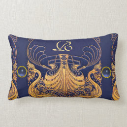 Antique Vessel,Dolphins,Gold,Navy Blue Monogram Lumbar Pillow