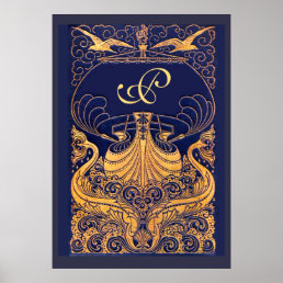 Antique Vessel,Dolphins,Gold,Navy Blue Monogram Poster